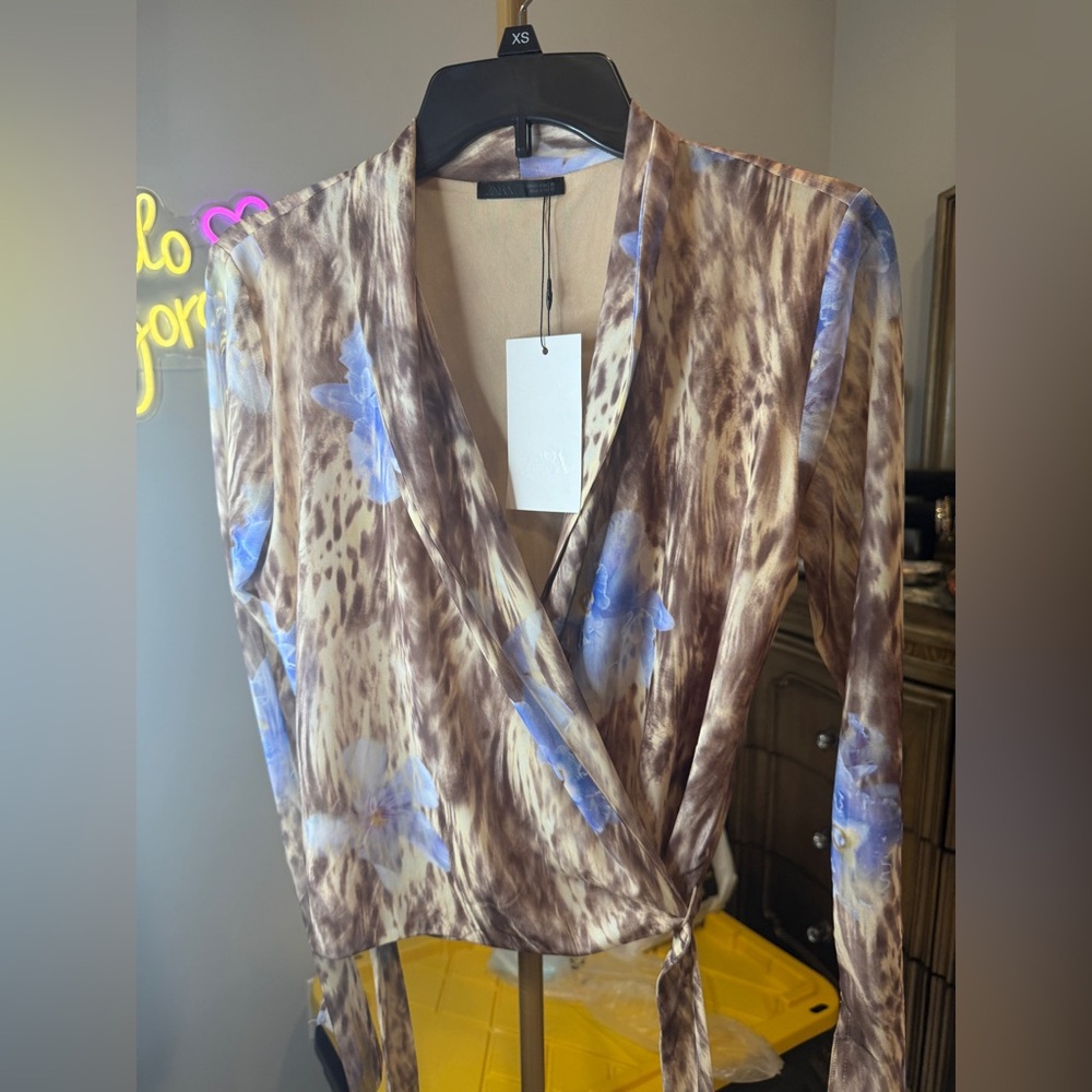 Zara Brown Animal Print Wrap around Blouse with Blue Floral Details - Picture 5 of 16